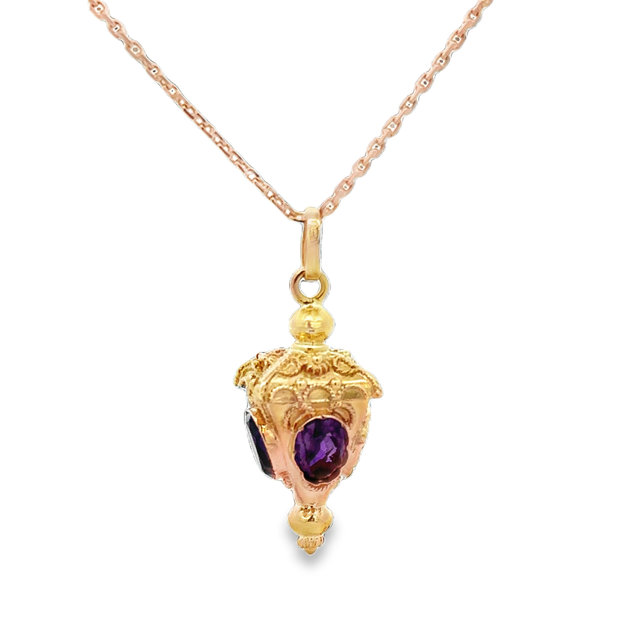 Vintage Amethyst Fob Pendant Necklace in 18k Yellow Gold