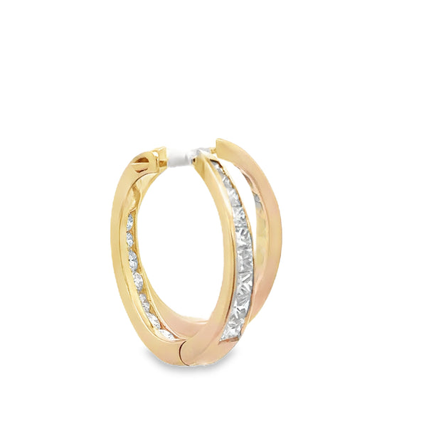 Princess and Round Brilliant Cut Hoop Earrings in Yellow Gold