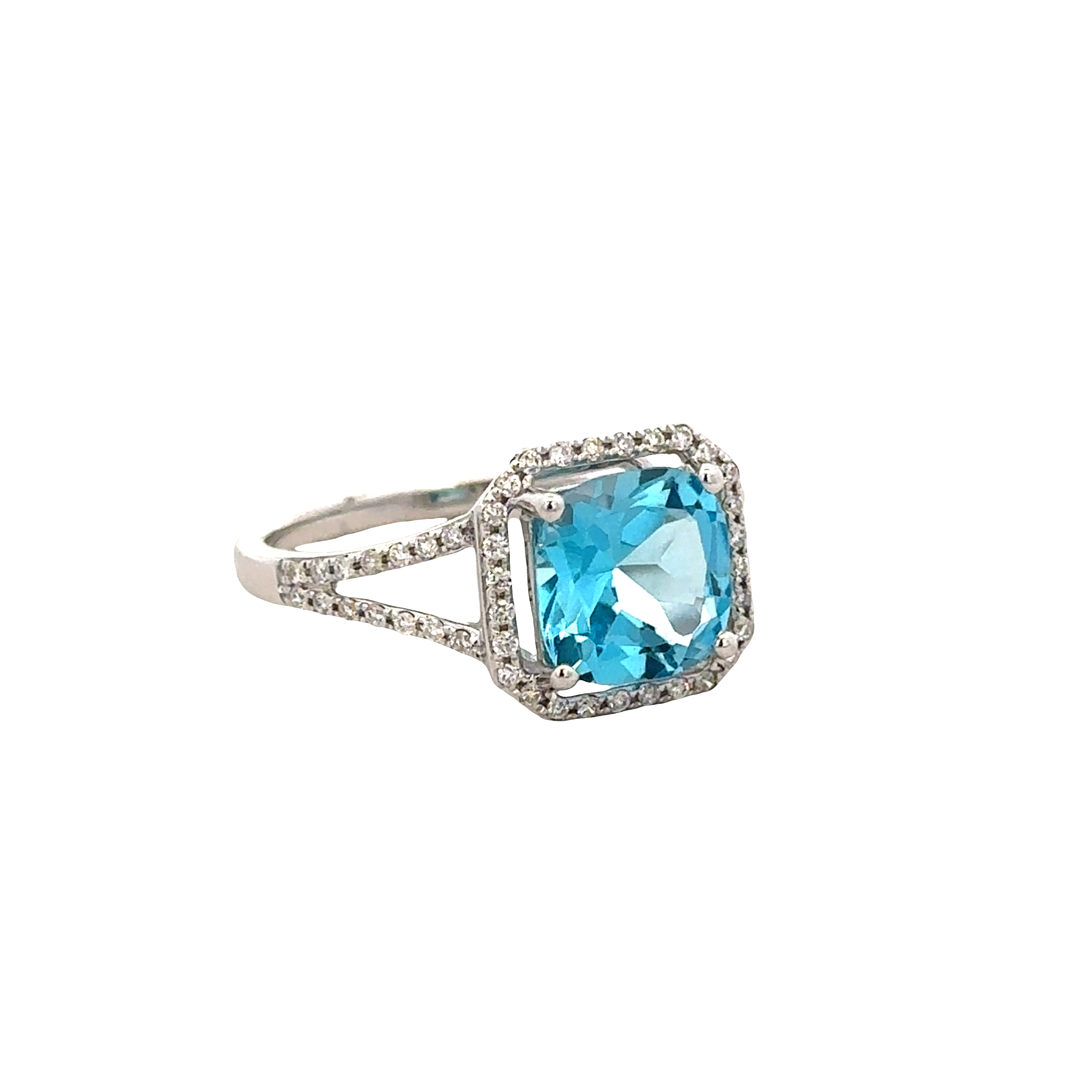 14k White Gold Blue Topaz and Diamond Halo Ring – 2.35 ct. Center Stone