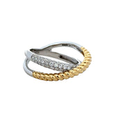 Rope Accented Diamond Criss Cross Ring in Two Tone Gold