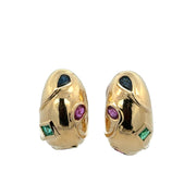 Luxurious Ruby, Emerald, and Sapphire Huggie Earrings in 18k Yellow Gold