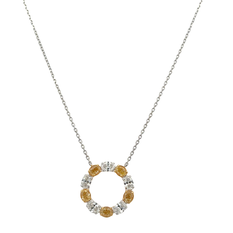 Oval Cut White and Fancy Yellow Diamond Circle Necklace in 18k Gold