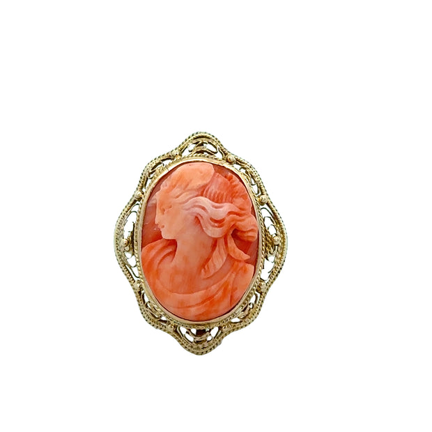 Vintage Coral Cameo Ring in 10k Yellow Gold Size 9.5