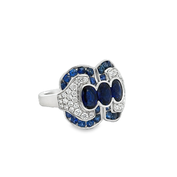 Art Deco Inspired Sapphire and Diamond Ring in 18k White Gold