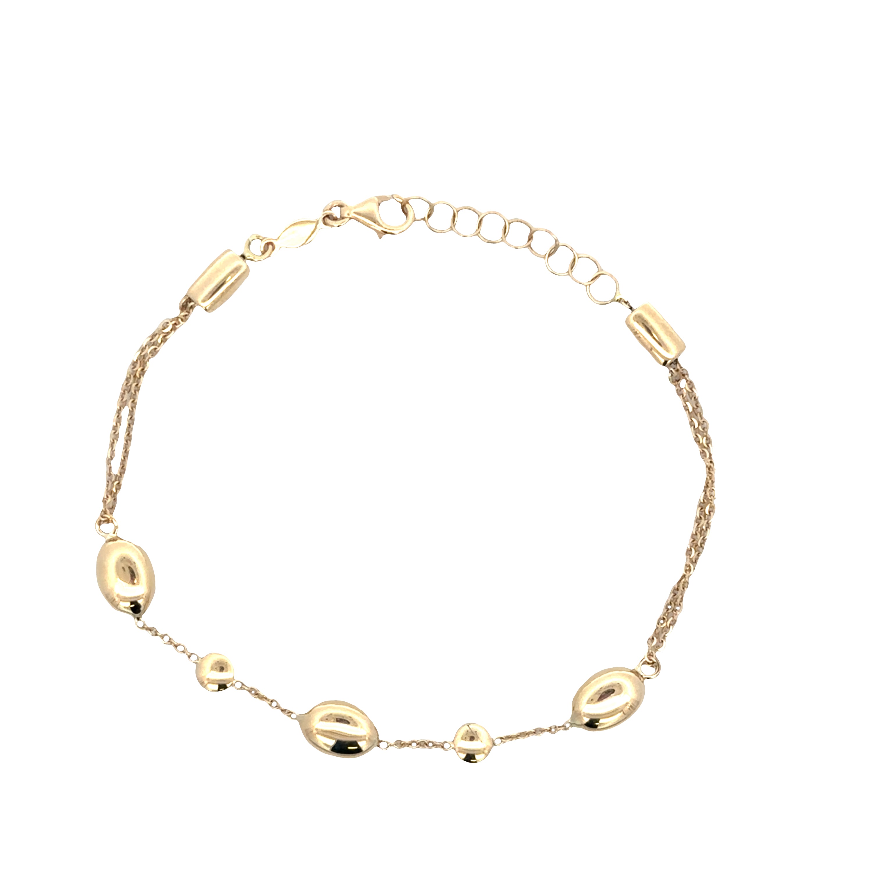 14k Yellow Gold Double Strand Bracelet with Oblong Beads – Adjustable 6-7"