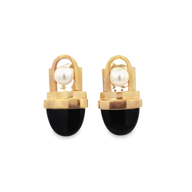 Vintage Onyx and Akoya Cultured Pearl Earrings in Yellow Gold