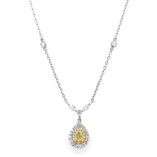 Tear Drop Shape Yellow and White Diamond Necklace
