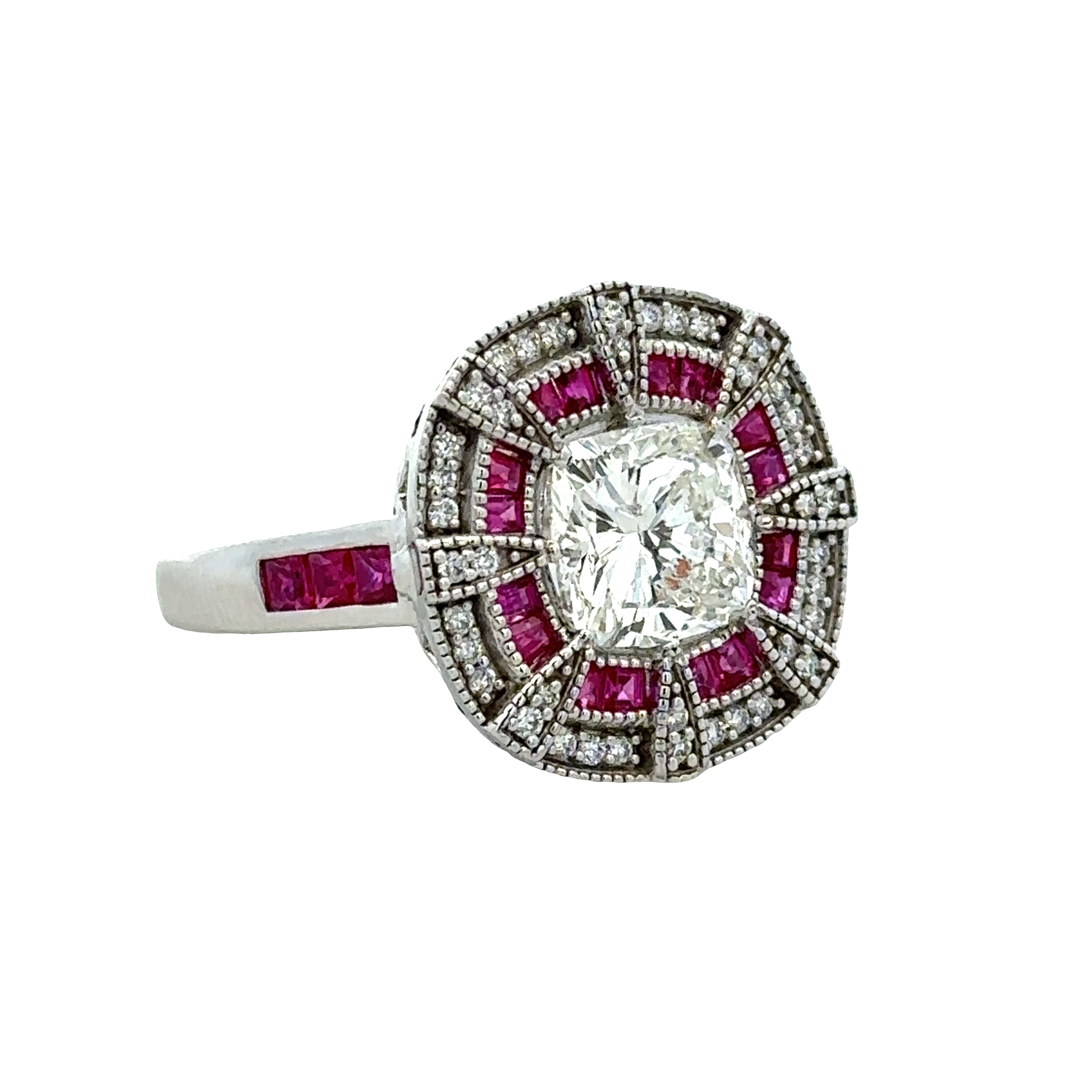 14k White Gold Art Deco–Inspired Diamond & Ruby Statement Ring – Size 7.25