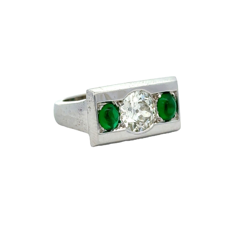 Old European Cut Diamond and Emerald Cabochon Ring in White Gold