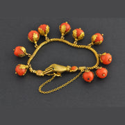 Antique Coral Bead Hand Clasp Bracelet in Yellow Gold