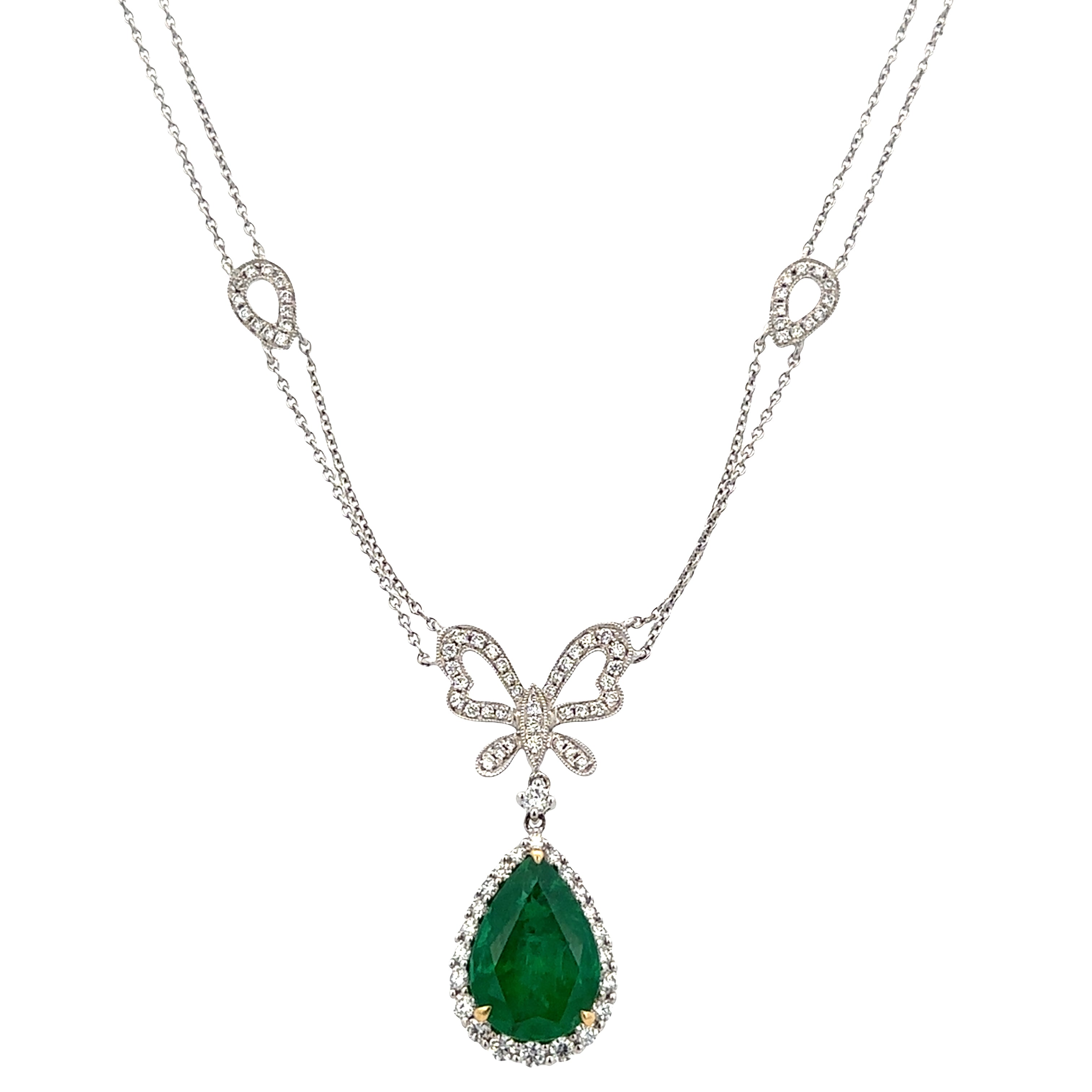Festive 14k White Gold Emerald & Diamond Bow Necklace – 18" Adjustable