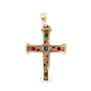 Large Brushed Ruby, Emerald, Diamond, and Sapphire Cross in Yellow Gold