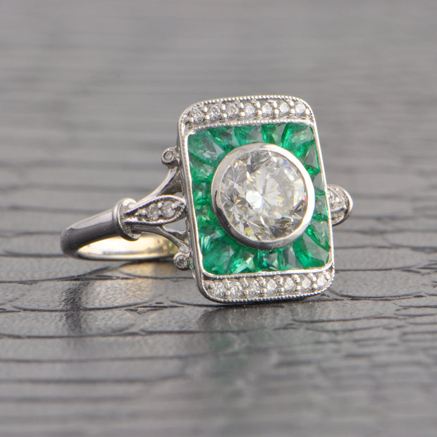 Art Deco Inspired 1.01 ct. H-VS2 Old European Cut Diamond and Emerald Ring in 18k White Gold