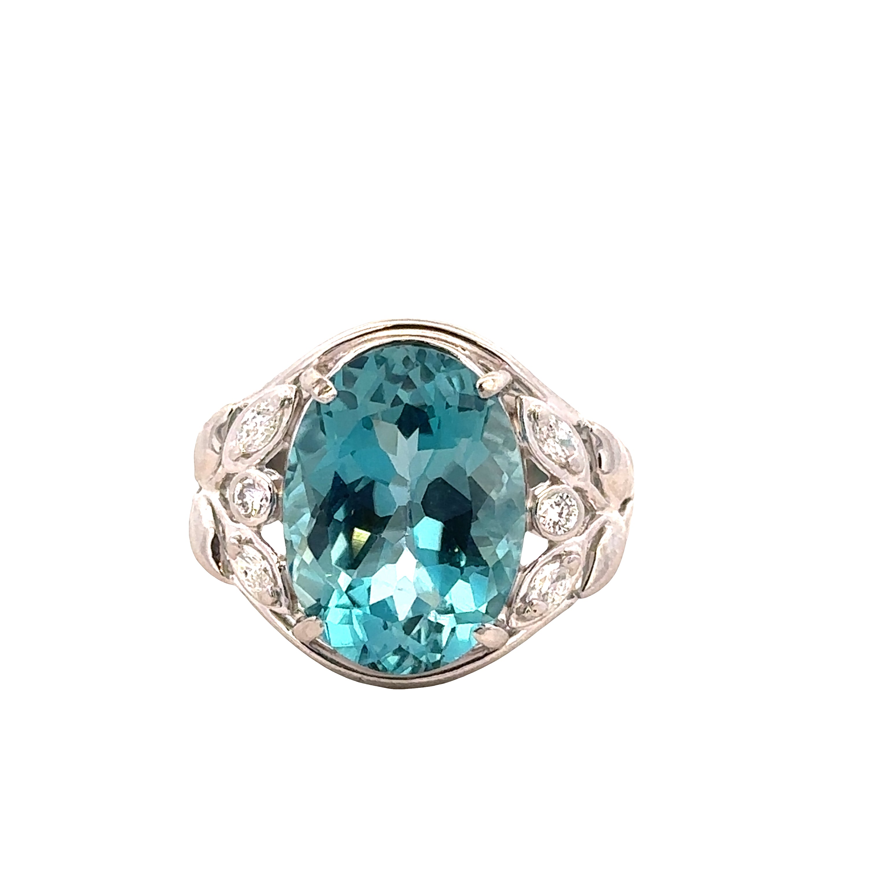 Platinum Blue Zircon and Diamond Foliate Ring – Size 9.5