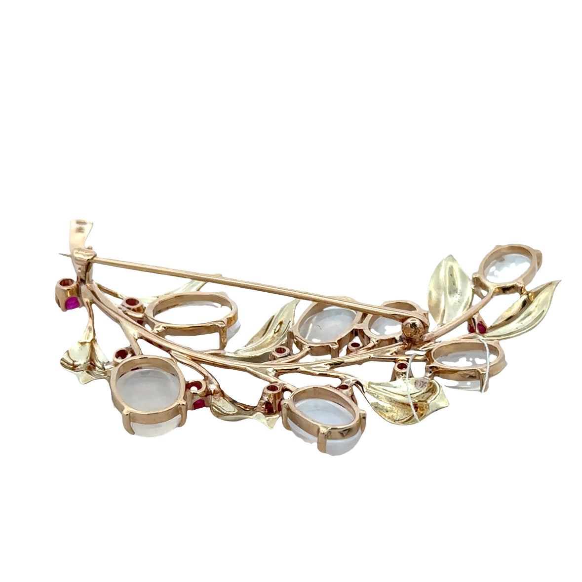 Retro 14k Yellow Gold Moonstone & Ruby Foliate Brooch – Circa 1940s–50s