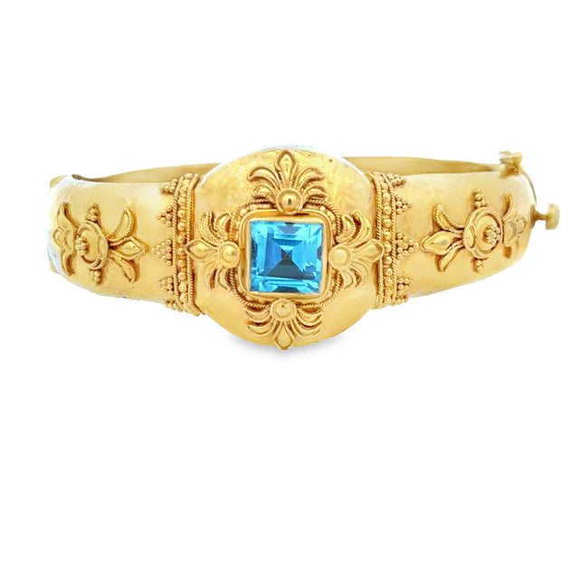 Statement Etruscan Style Blue Topaz Bangle in 22k Yellow Gold