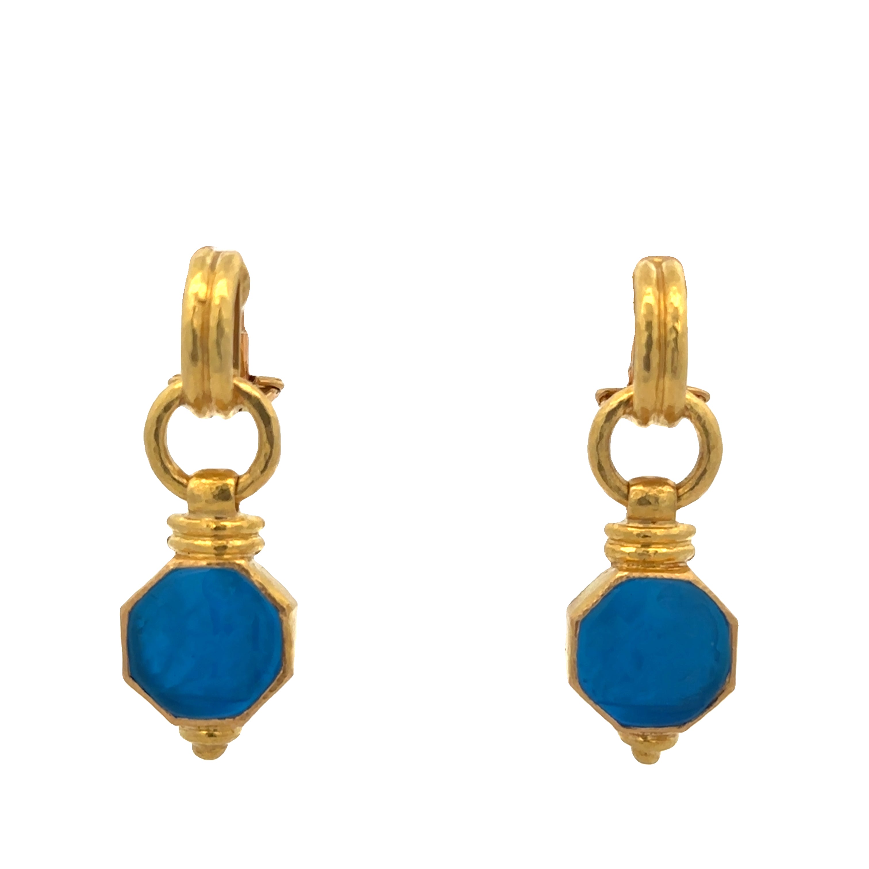 Estate Elizabeth Locke Blue Venetian Mother of Pearl Dangle Earrings in 19k Yellow Gold