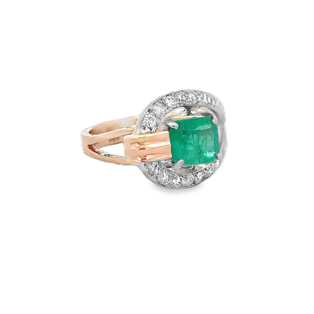 Vintage Emerald and Diamond Ring in Platinum and Yellow Gold