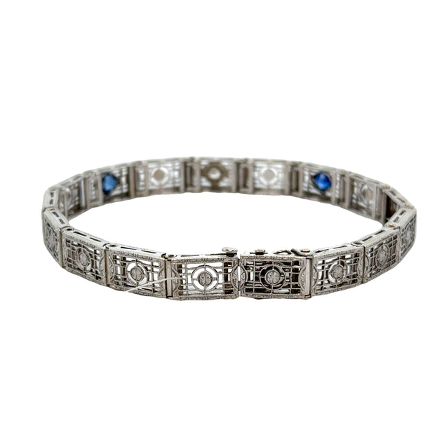 Vintage Art Deco White Gold Synthetic Sapphire and Diamond Bracelet in White Gold