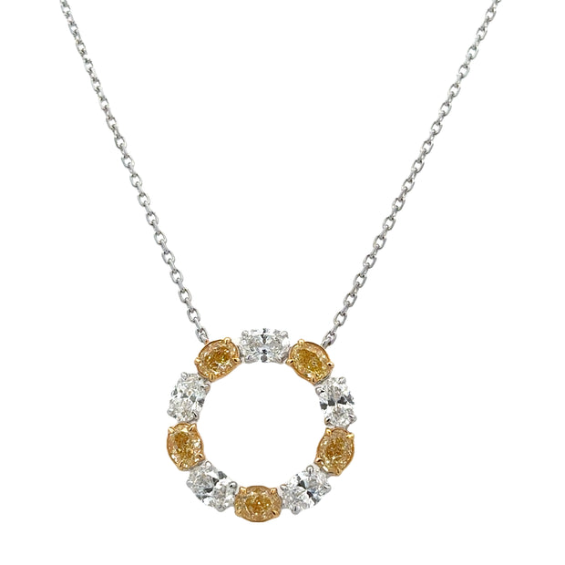 Oval Cut White and Fancy Yellow Diamond Circle Necklace in 18k Gold