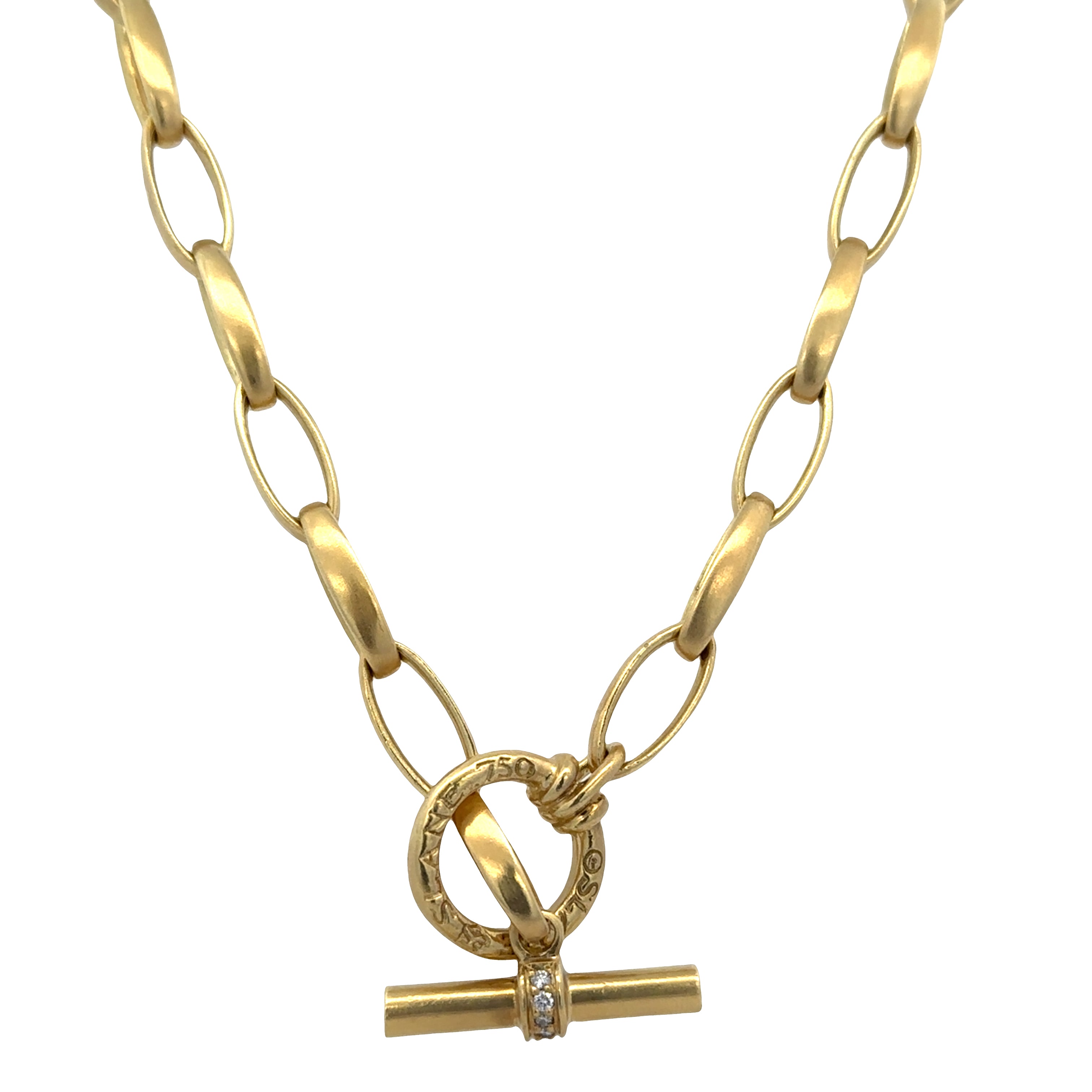 Estate Slane & Slane 18k Yellow Gold 16" Brushed Oval Link Toggle Necklace with Diamond Accented Clasp