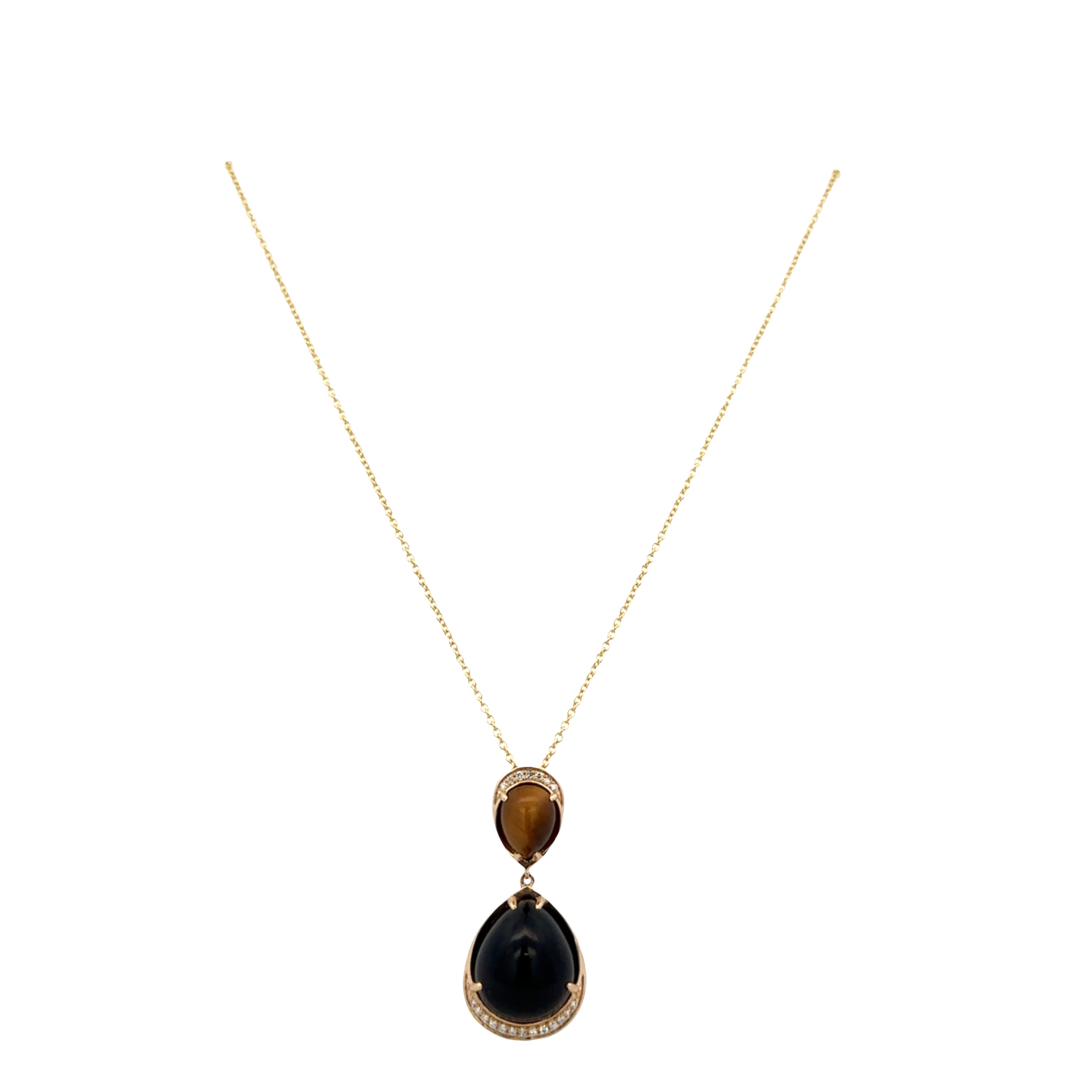 14k Yellow Gold Black Onyx, Tiger’s Eye & Diamond Pendant Necklace