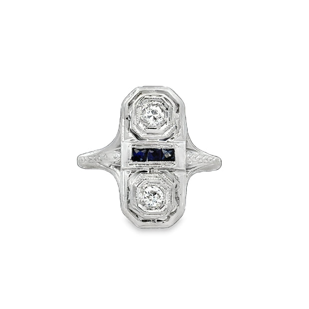 Vintage Art Deco Old European Cut Diamond and Sapphire Ring in 18k White Gold