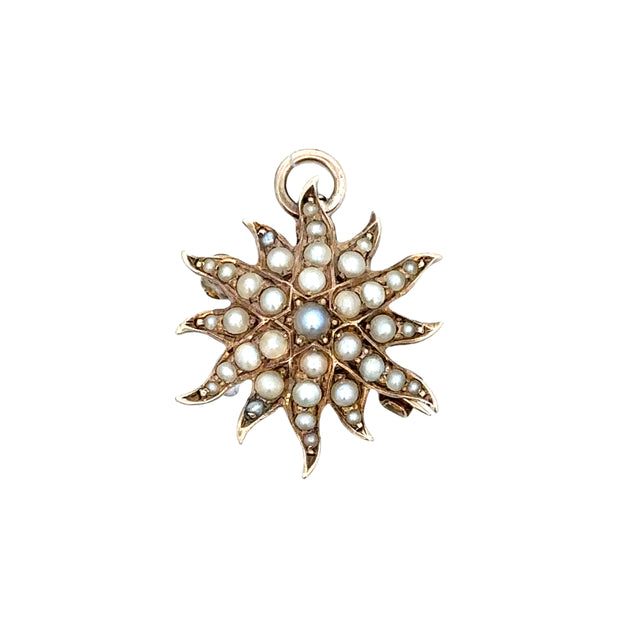 Antique Victorian Seed Pearl Starburst Pin / Pendant in Yellow Gold