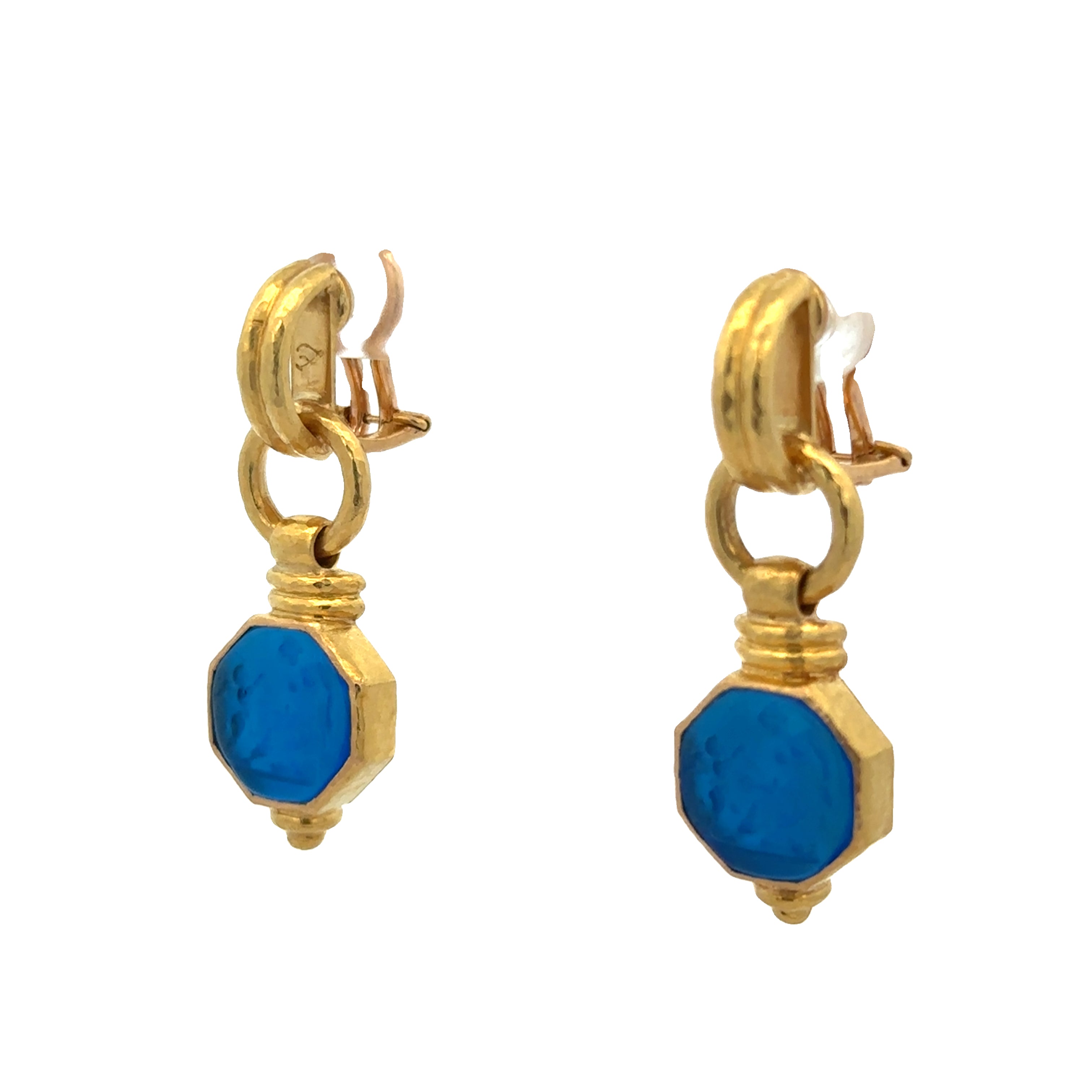 Estate Elizabeth Locke Blue Venetian Mother of Pearl Dangle Earrings in 19k Yellow Gold
