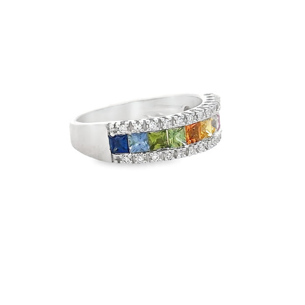 Multicolored Sapphire and Diamond Band in White Gold