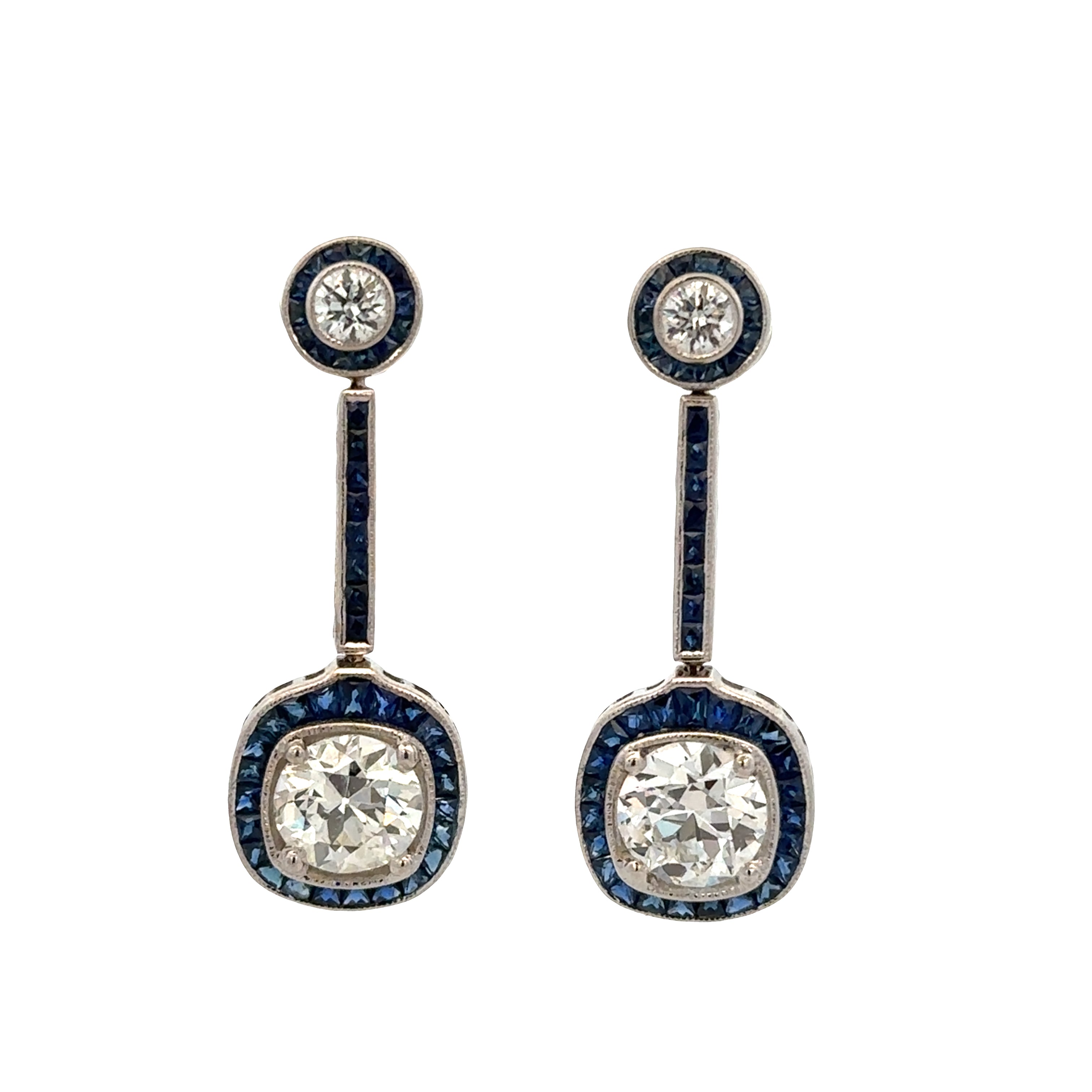 18k White Gold Sapphire & Diamond Art Deco Style Drop Earrings – 1.92 CTW Center Diamonds