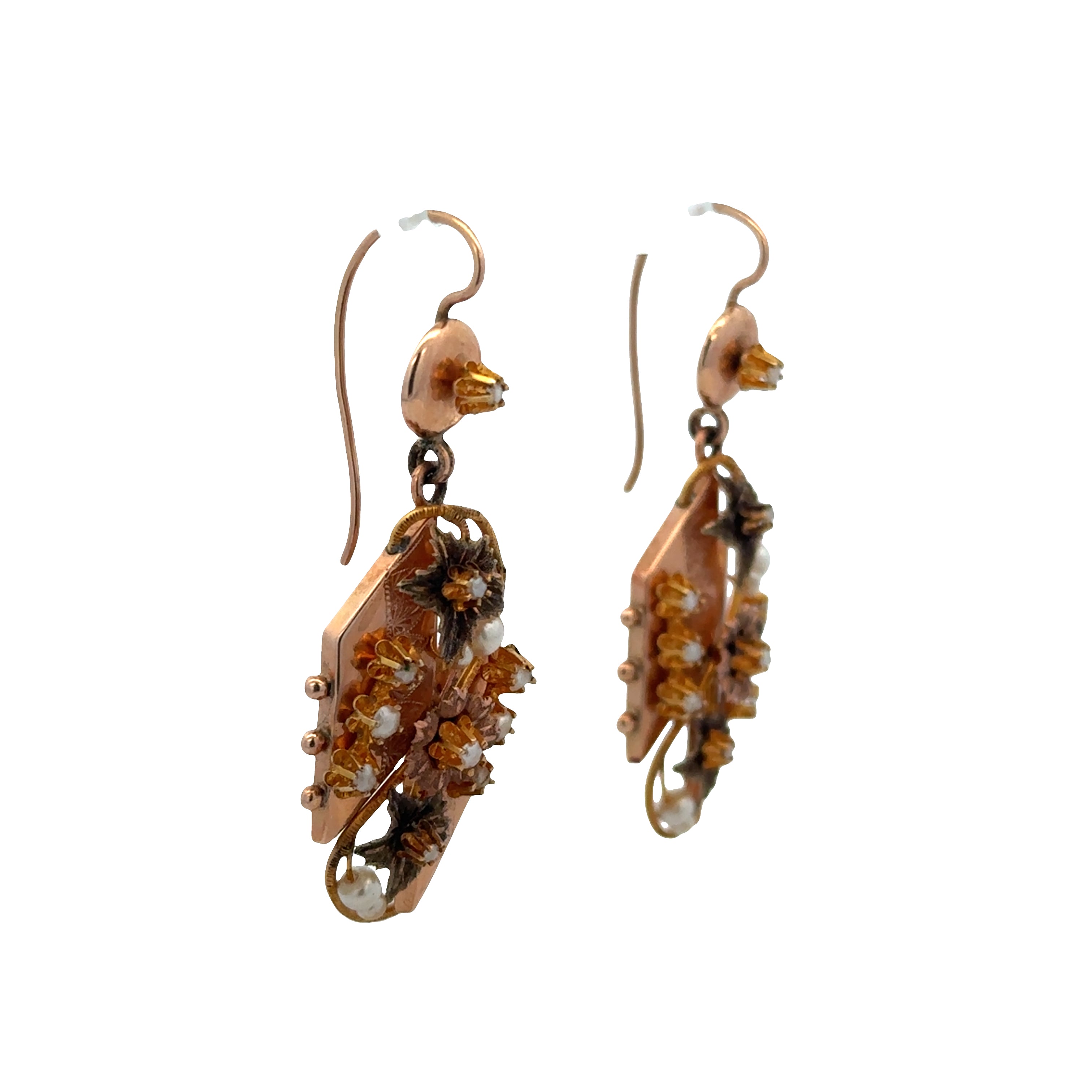 Antique Victorian 12k Rose & Yellow Gold Seed Pearl Dangle Earrings – Circa 1890s