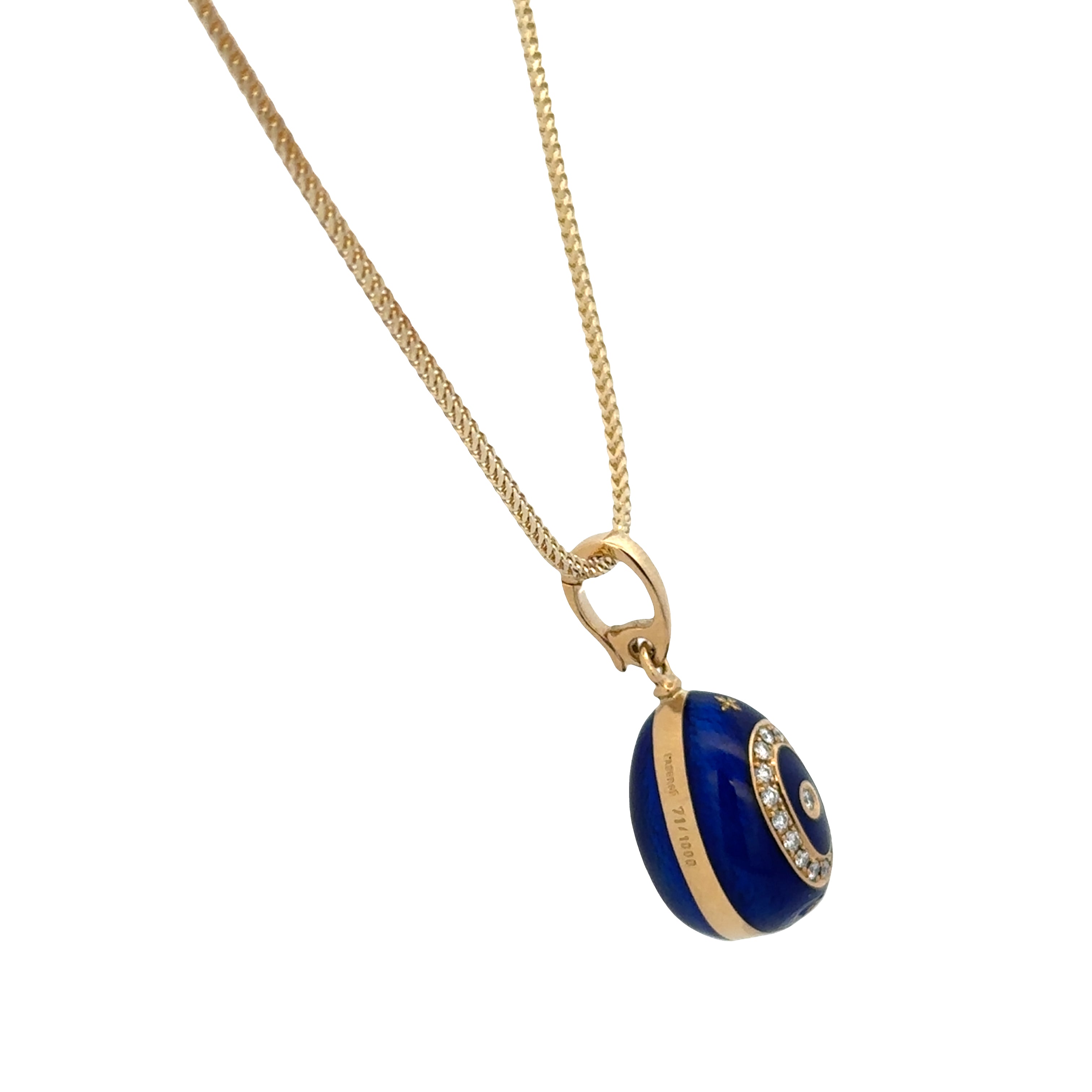 Fabergé 14k Yellow Gold Blue Enamel Egg & Diamond Pendant Necklace – 18"
