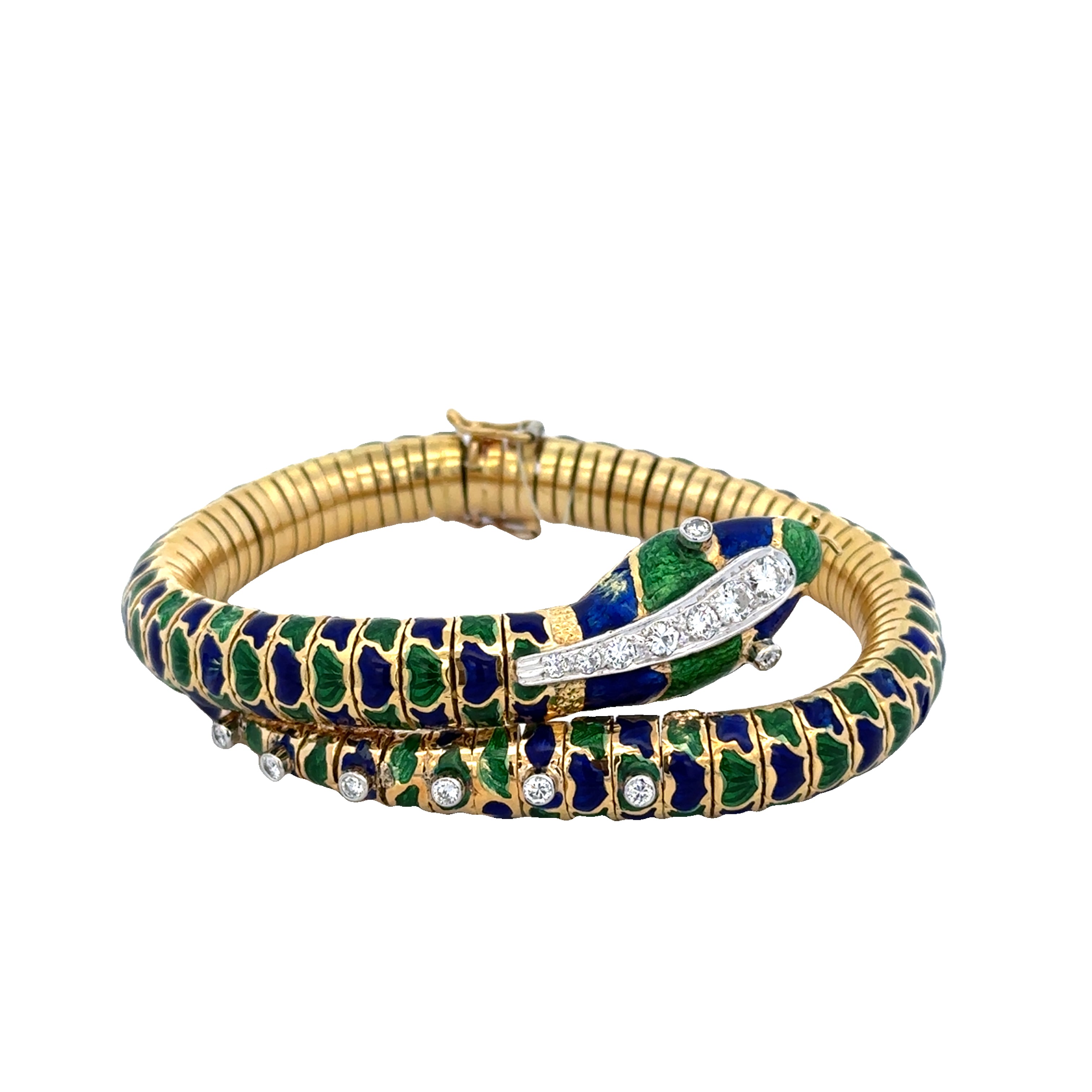 Vintage Flexible Enameled Snake Diamond Bracelet in 18k Yellow Gold