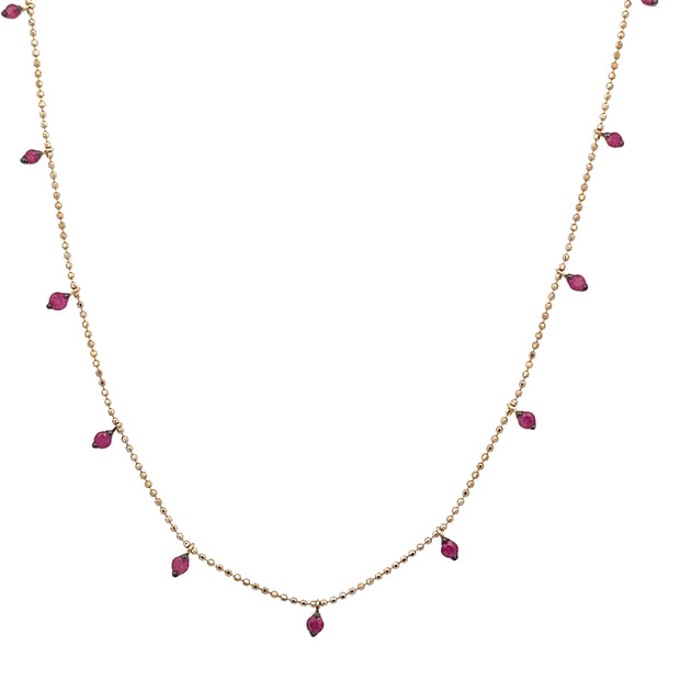 Delicate Ruby Dangle Necklace in Yellow Gold