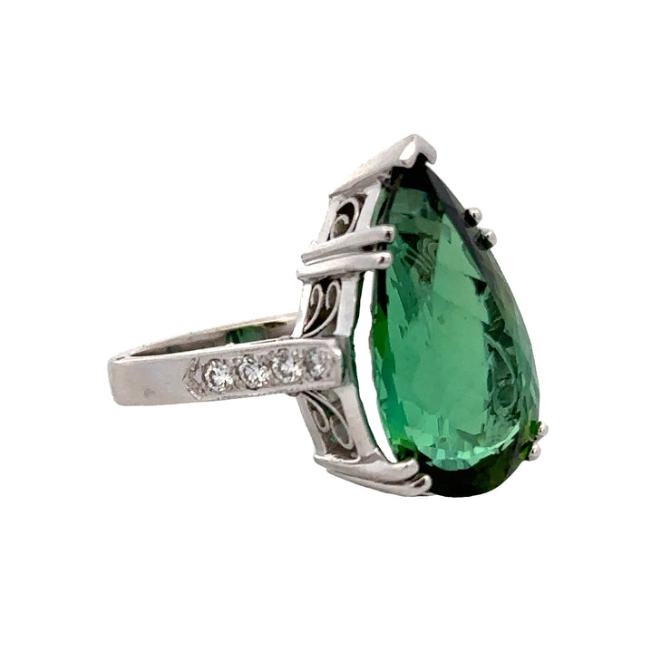 Pear Shape Tourmaline and Diamond Ring in White Gold