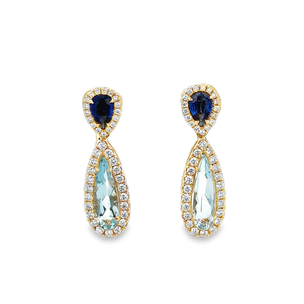 Aquamarine, Sapphire, and Diamond Drop Earrings in Yellow Gold