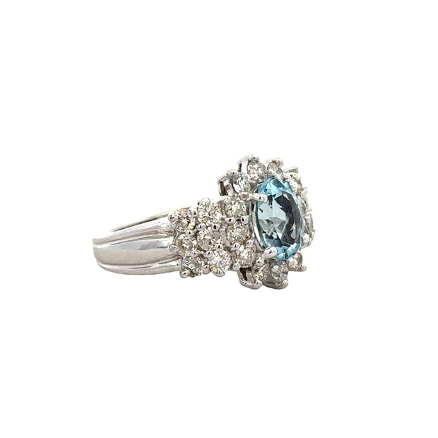 Aquamarine and Diamond Starburst Ring in 18K White Gold