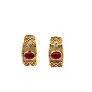 Etruscan Ruby Cabochon and Diamond Huggie Earrings in Yellow Gold