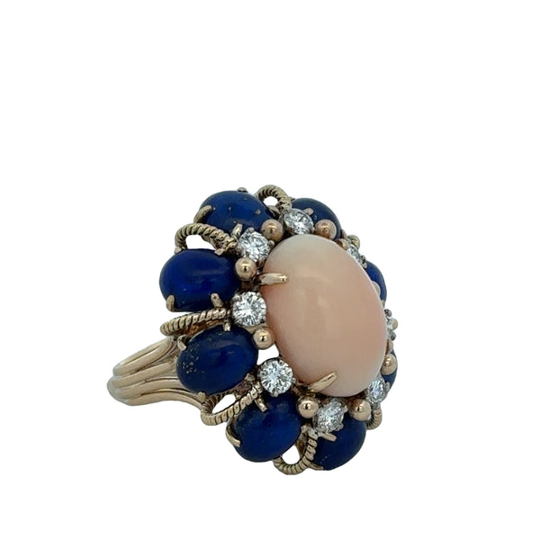 Vintage Retro Statement Coral and Lapis Ring in Yellow Gold