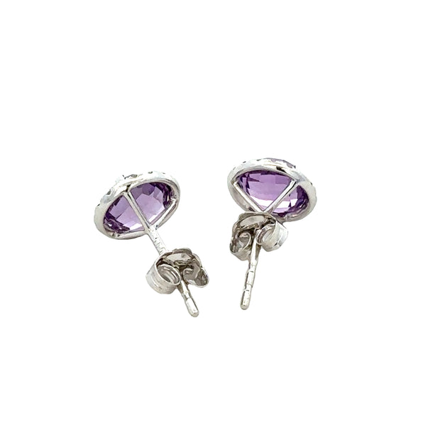 Checkerboard Cut Amethyst and Diamond Stud Earrings in