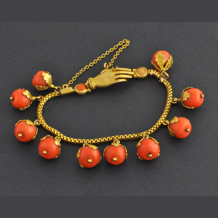 Antique Coral Bead Hand Clasp Bracelet in Yellow Gold