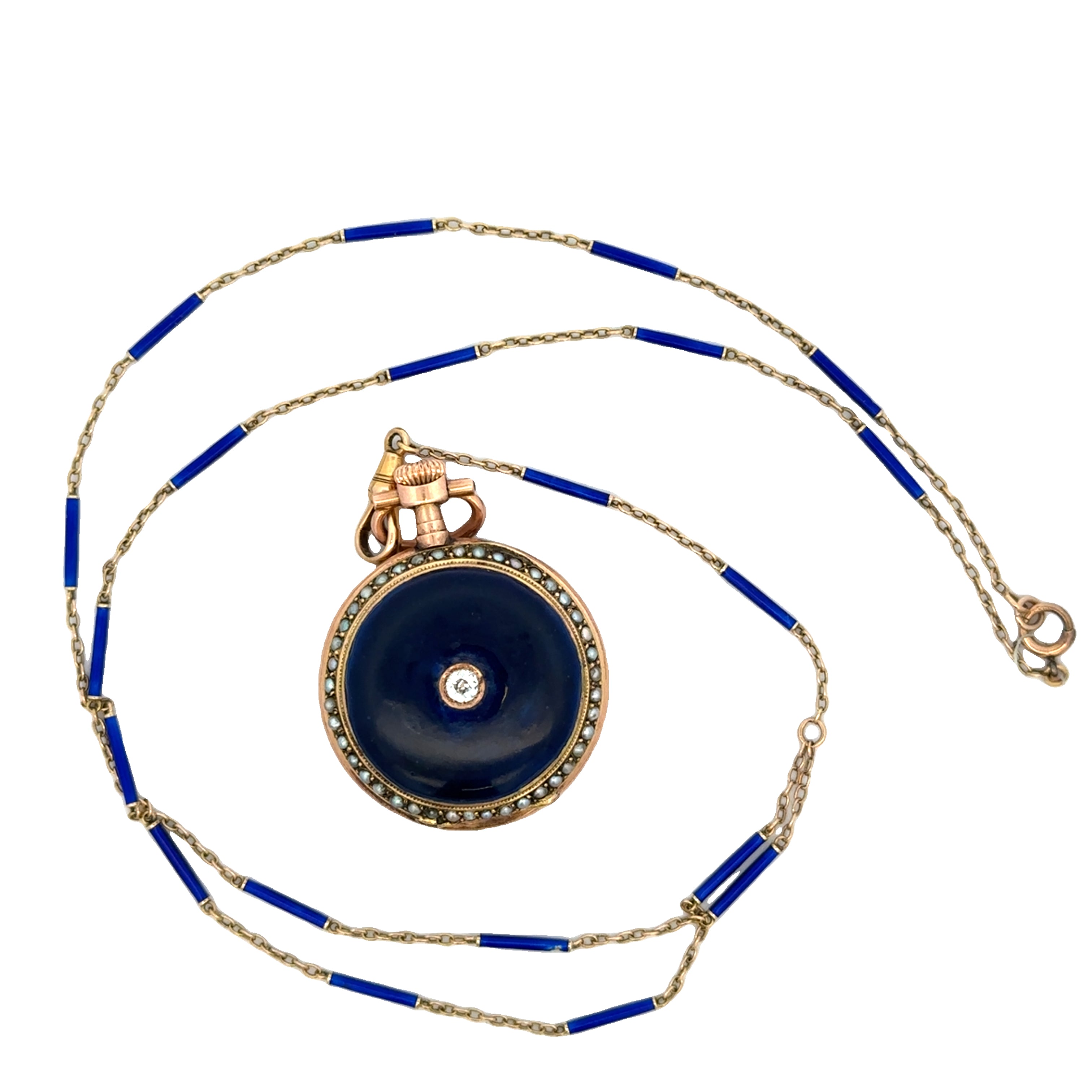 Antique Victorian Enameled Pocket Watch and Chain in Yellow Gold