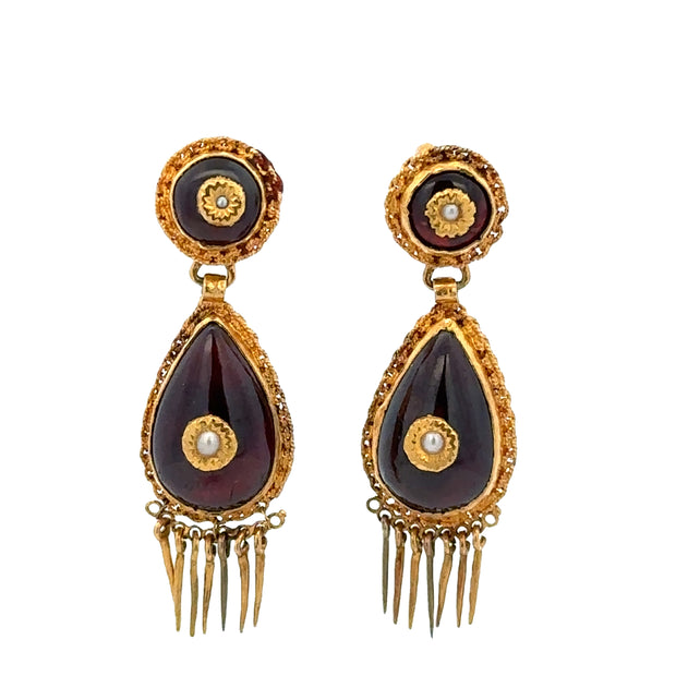 Antique Victorian Garnet and Seed Pearl Earrings in Yellow Gold