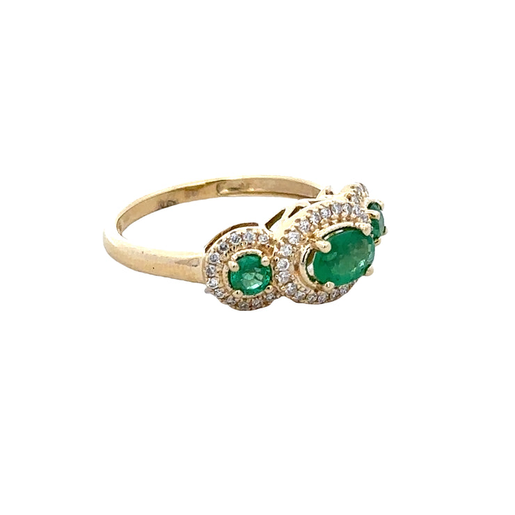 Emerald and Diamond Three Stone Ring in Yellow Gold