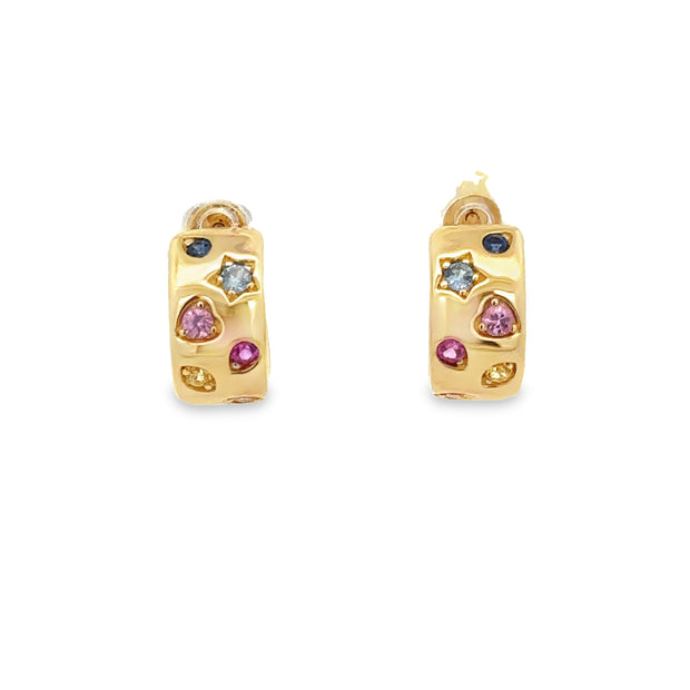 Multicolored Sapphire Huggie Earrings in Yellow Gold