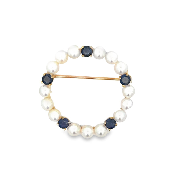Vintage Mid-Century Akoya Pearl and Sapphire Brooch in Yellow Gold