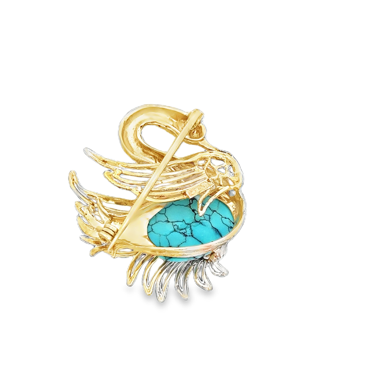 Vintage Turquoise Swan Brooch in 18k Yellow Gold