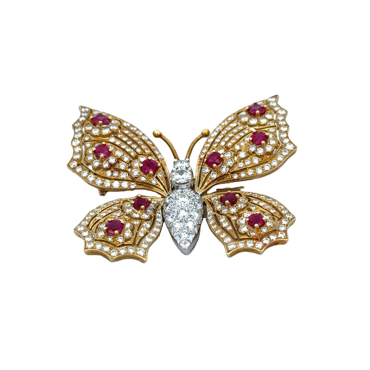 Ruby and Diamond Butterfly Brooch in 18k Yellow Gold and Platinum