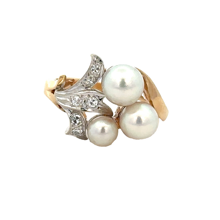 Vintage 1950s-60s Akoya Cultured Pearl and Diamond Ring